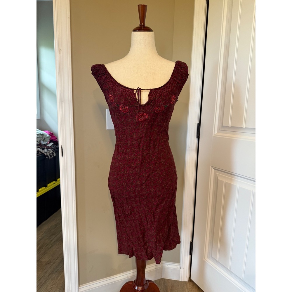Vintage Rampage 90s Burgundy Floral Sequin Beaded Midi Dress Smocked Back Size S